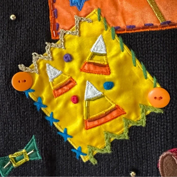 Vintage Halloween Sweater Vest Cat Pumpkin Ghost Applique Black Button Front L - Picture 5 of 14